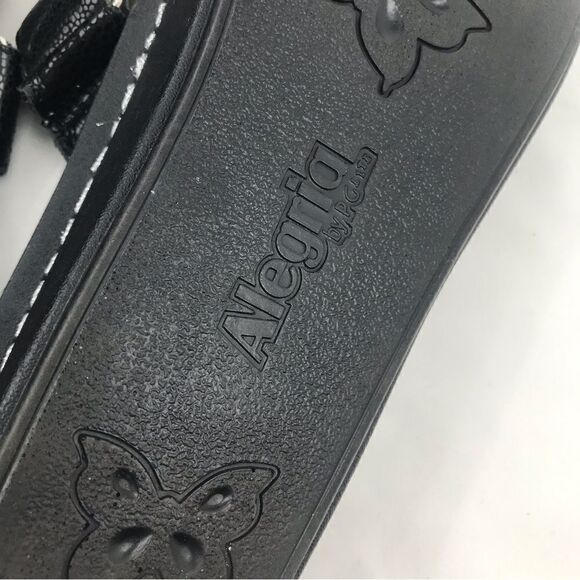 Alegria Black Leather T Strap Diamond Button Slip On Wedge Heel Support Sandals - Picture 10 of 14